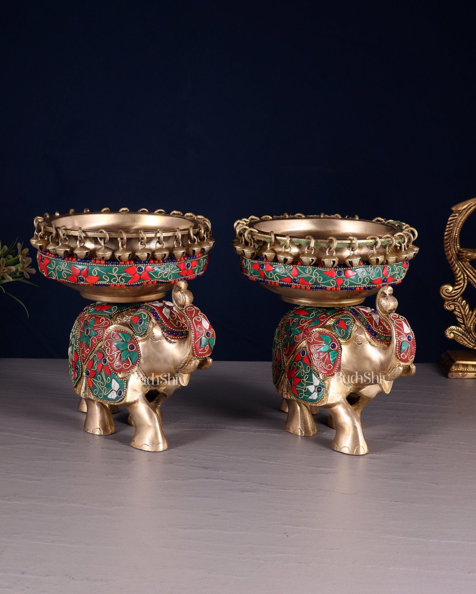 Elephant brass urli pair with floral stonework 7" - Budhshiv.com