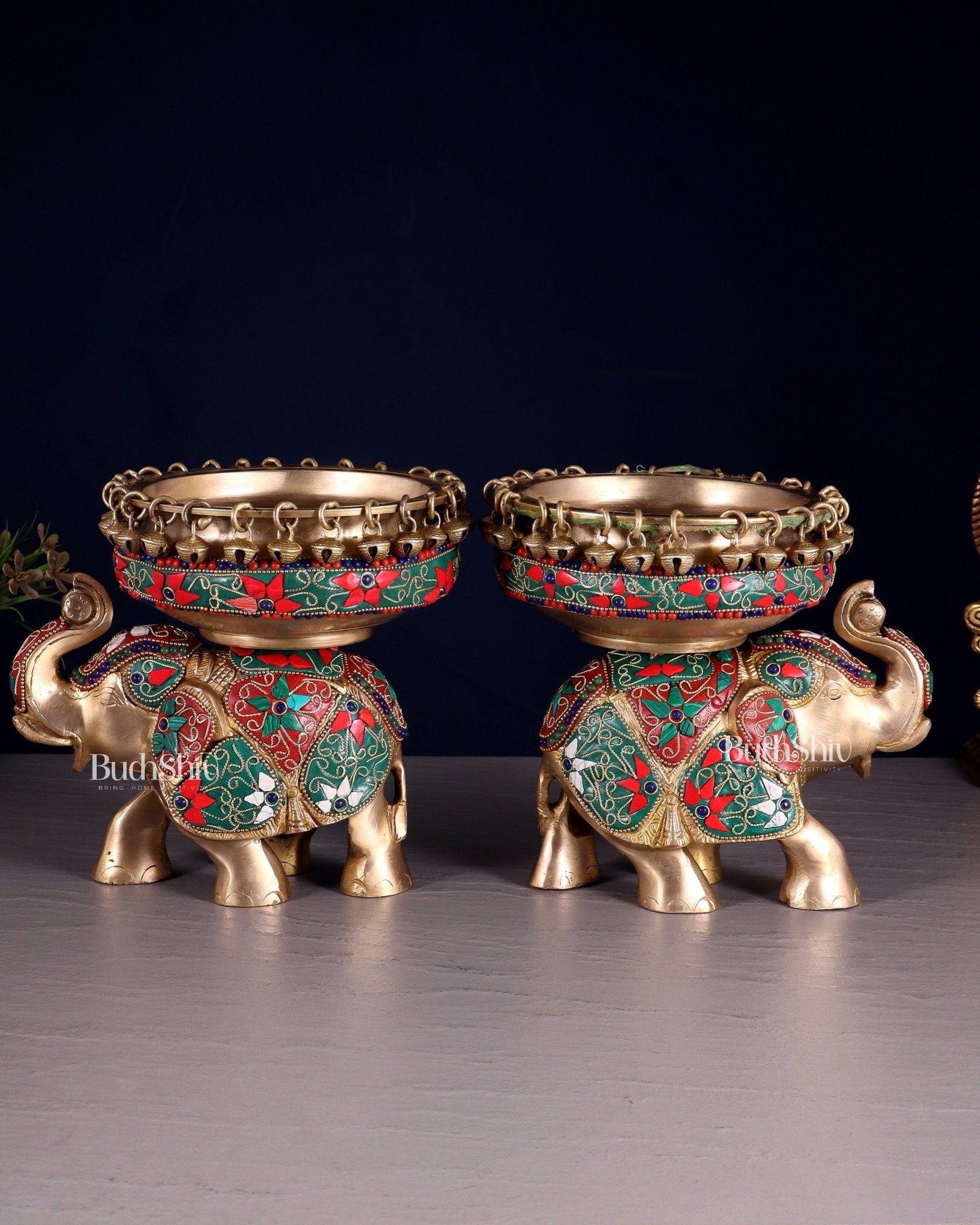 Elephant brass urli pair with floral stonework 7" - Budhshiv.com
