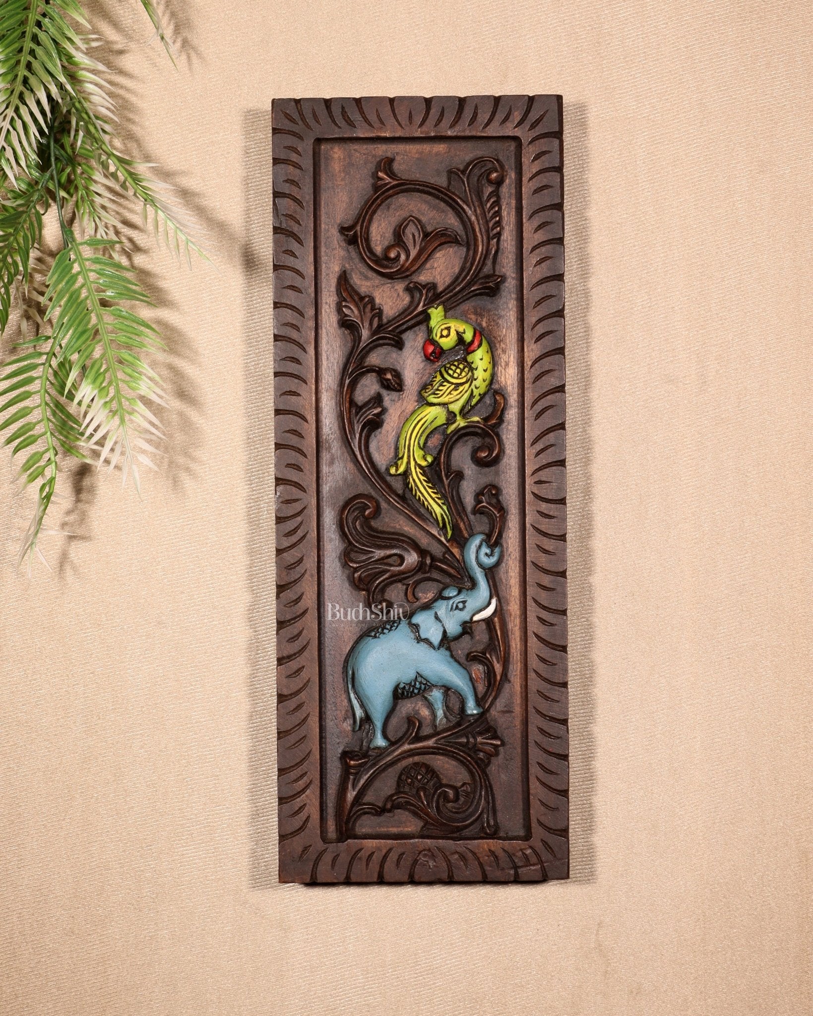Elephant with Parrot Wooden Wall Hanging Panel – Handcrafted & Hand - Painted 15.5" - Budhshiv.com