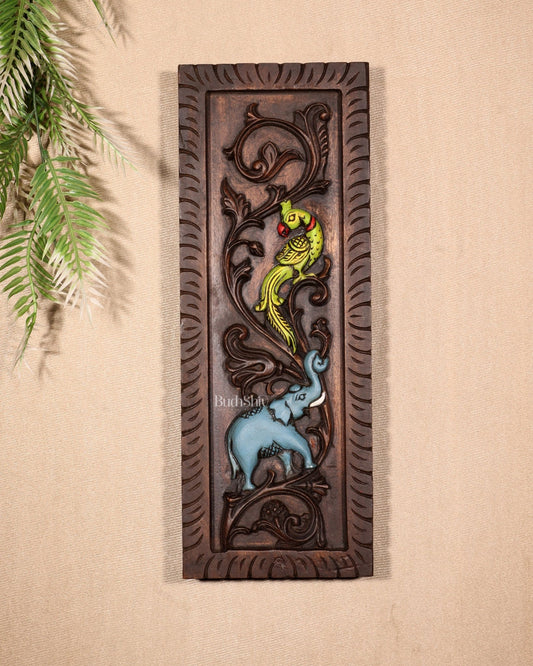Elephant with Parrot Wooden Wall Hanging Panel – Handcrafted & Hand - Painted 15.5" - Budhshiv.com