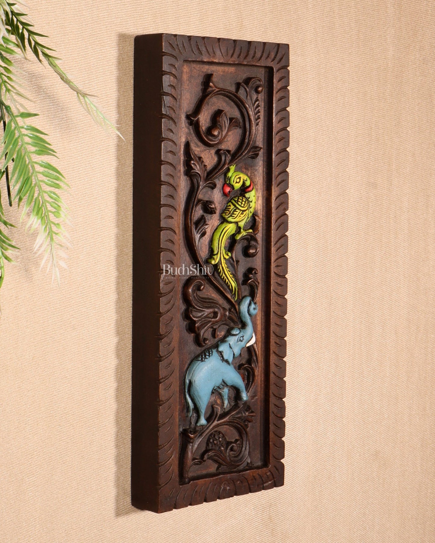 Elephant with Parrot Wooden Wall Hanging Panel – Handcrafted & Hand - Painted 15.5" - Budhshiv.com