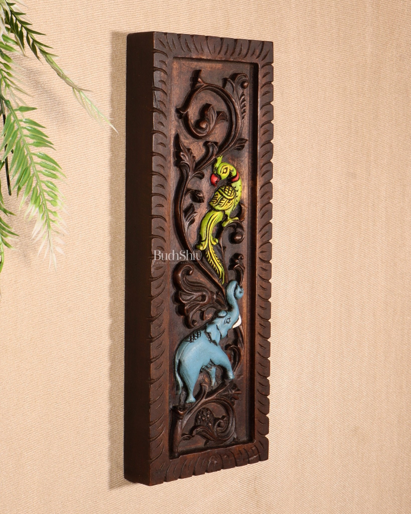 Elephant with Parrot Wooden Wall Hanging Panel – Handcrafted & Hand - Painted 15.5" - Budhshiv.com