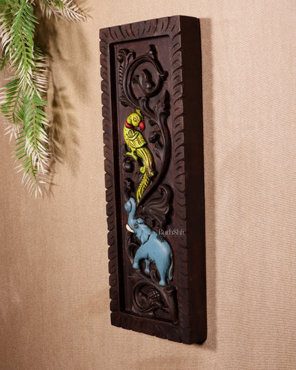 Elephant with Parrot Wooden Wall Hanging Panel – Handcrafted & Hand - Painted 15.5" - Budhshiv.com