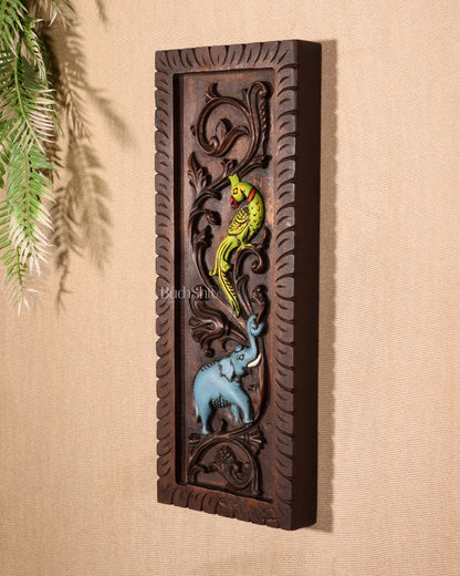 Elephant with Parrot Wooden Wall Hanging Panel – Handcrafted & Hand - Painted 15.5" - Budhshiv.com
