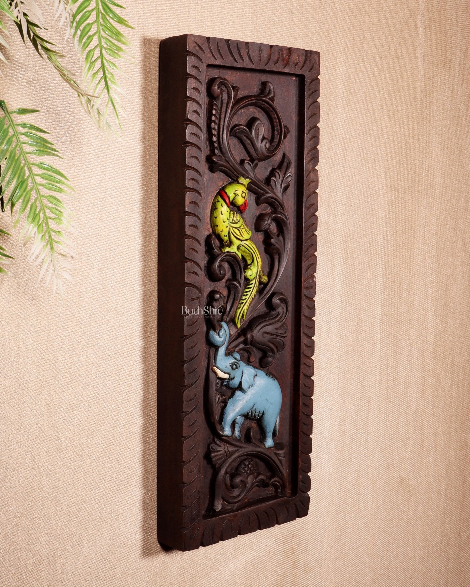 Elephant with Parrot Wooden Wall Hanging Panel – Handcrafted & Hand - Painted 15.5" - Budhshiv.com