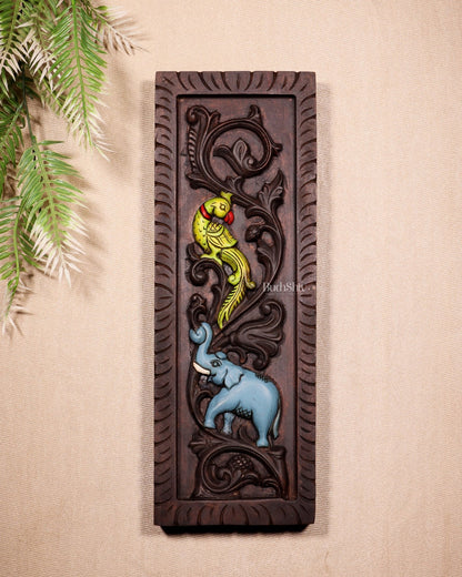 Elephant with Parrot Wooden Wall Hanging Panel – Handcrafted & Hand - Painted 15.5" - Budhshiv.com