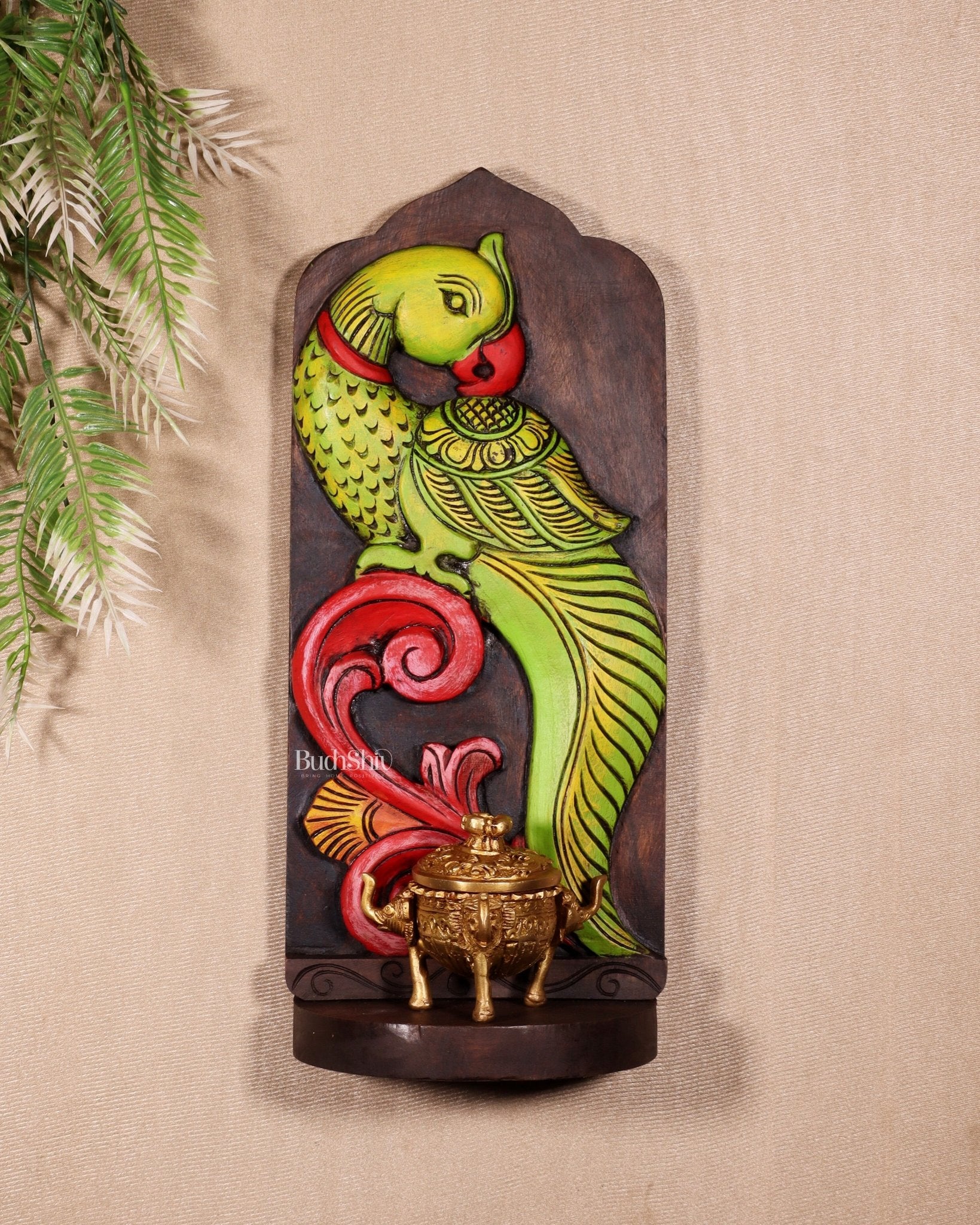 Elephant with Parrot Wooden Wall Hanging Panel with Shelf 15.5" - Budhshiv.com