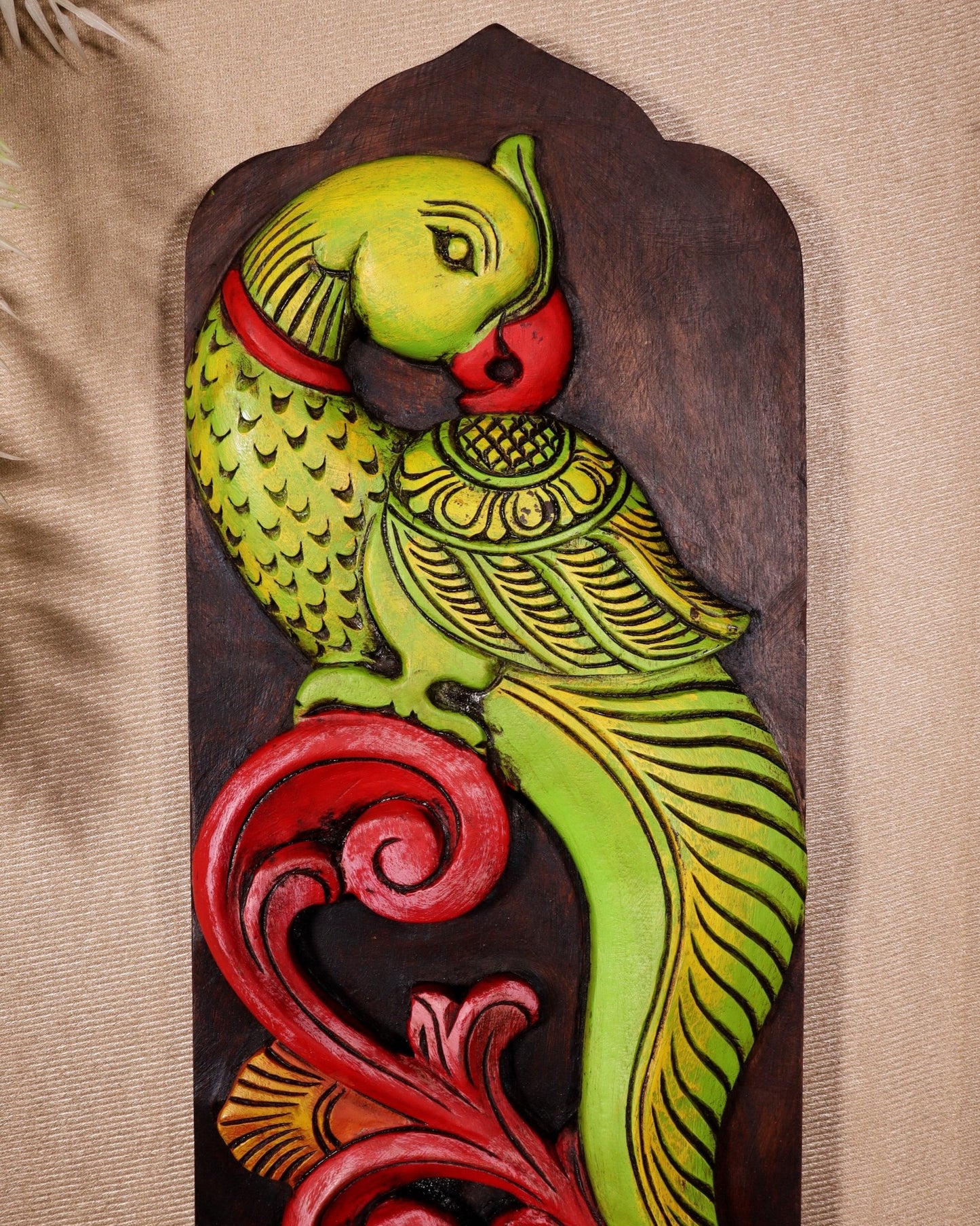 Elephant with Parrot Wooden Wall Hanging Panel with Shelf 15.5" - Budhshiv.com