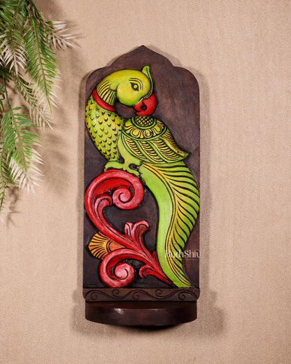 Elephant with Parrot Wooden Wall Hanging Panel with Shelf 15.5" - Budhshiv.com