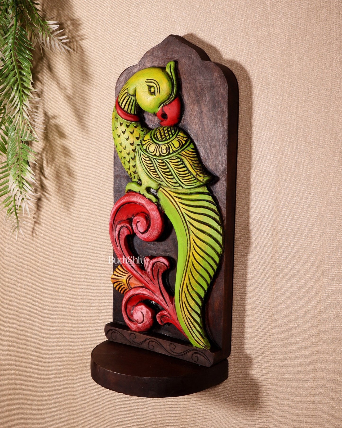 Elephant with Parrot Wooden Wall Hanging Panel with Shelf 15.5" - Budhshiv.com