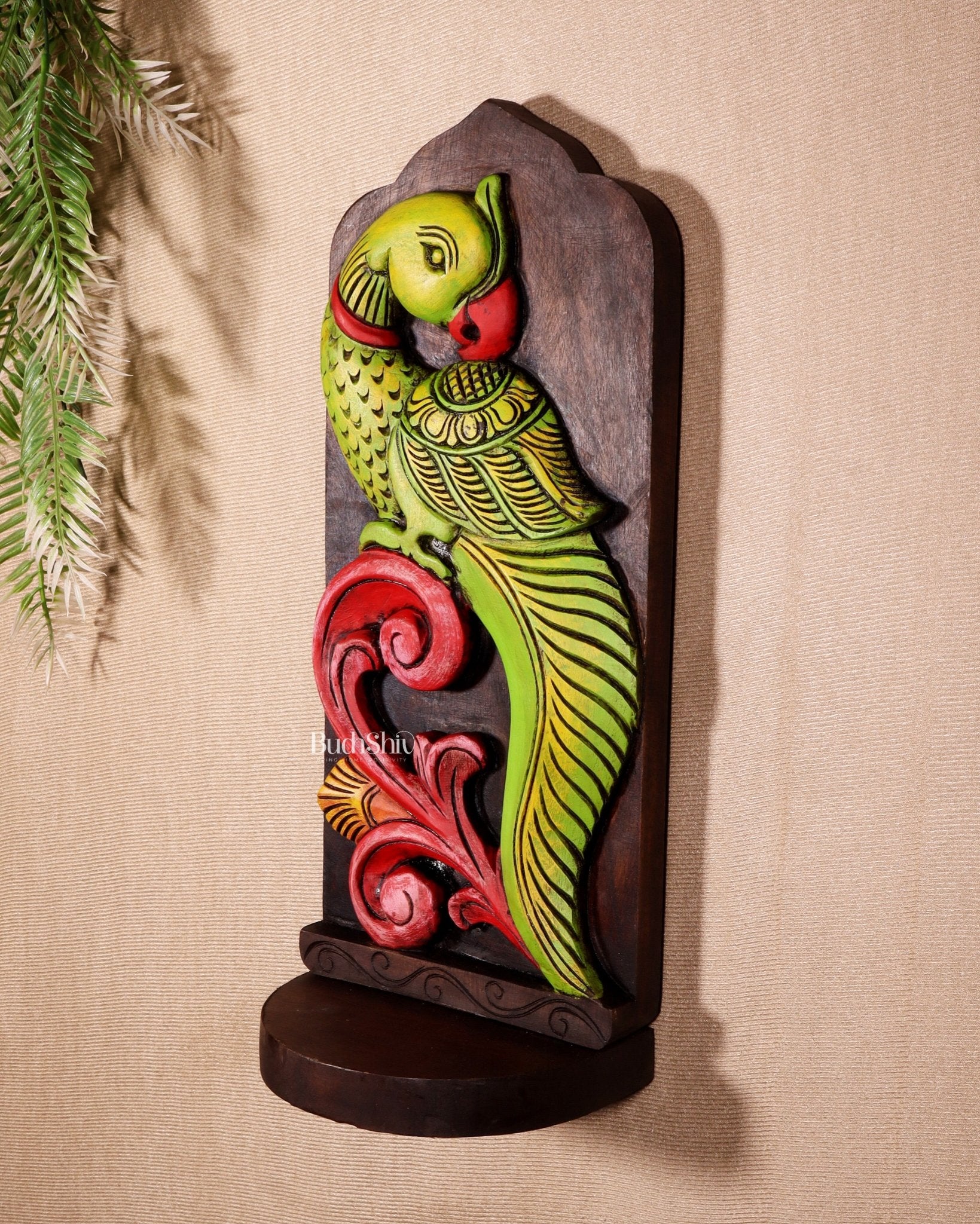 Elephant with Parrot Wooden Wall Hanging Panel with Shelf 15.5" - Budhshiv.com