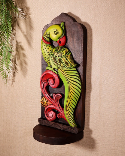 Elephant with Parrot Wooden Wall Hanging Panel with Shelf 15.5" - Budhshiv.com