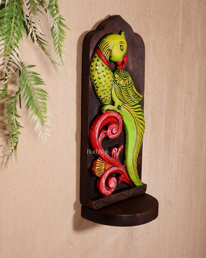 Elephant with Parrot Wooden Wall Hanging Panel with Shelf 15.5" - Budhshiv.com