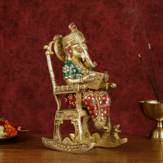 Enchanting 11 - Inch Pure Brass Reading Ganesha on Rocking Chair Idol - Budhshiv.com