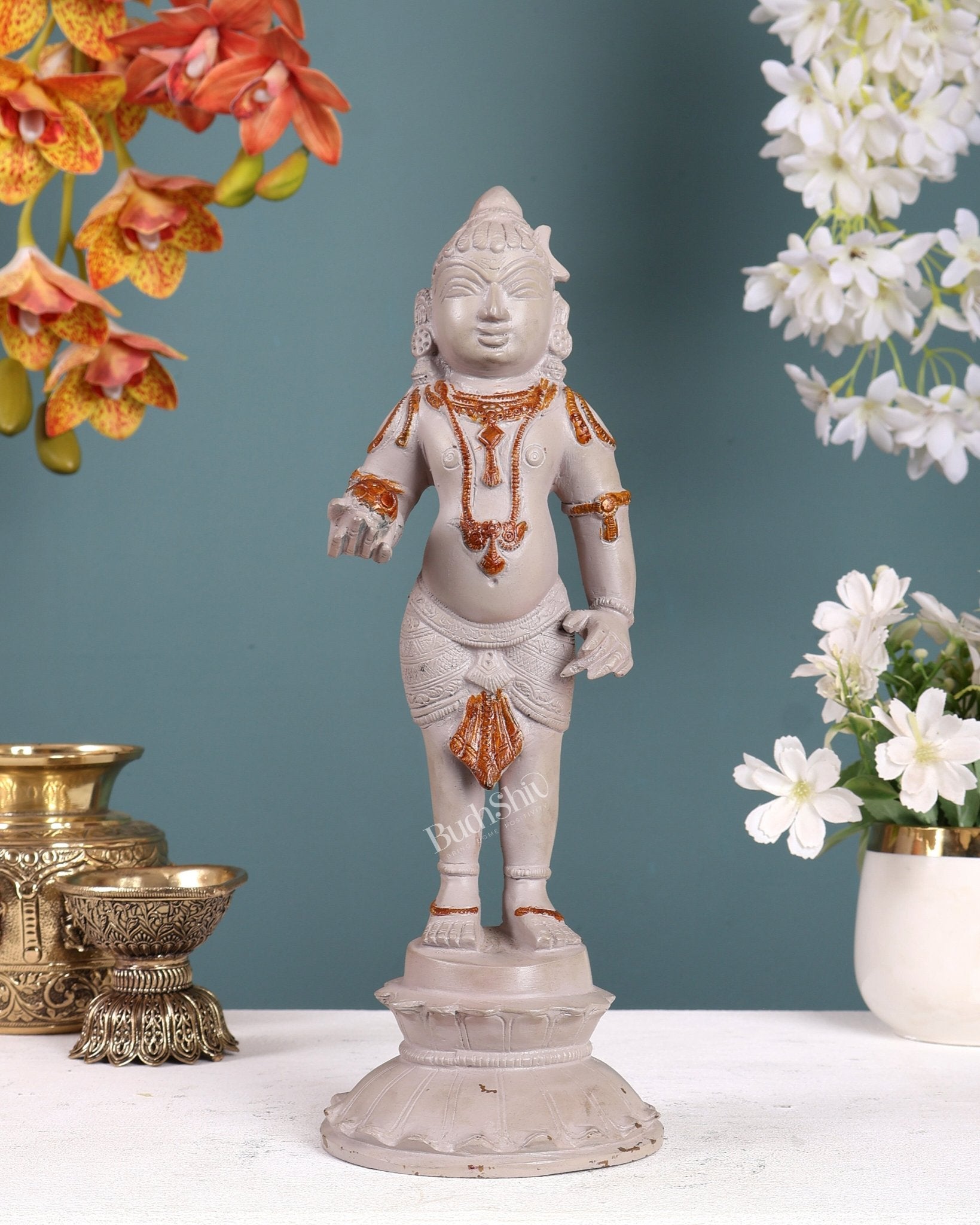 Enchanting Brass Superfine Standing Laddu Gopala Statue - 12 inch with vintage white tone - Budhshiv.com