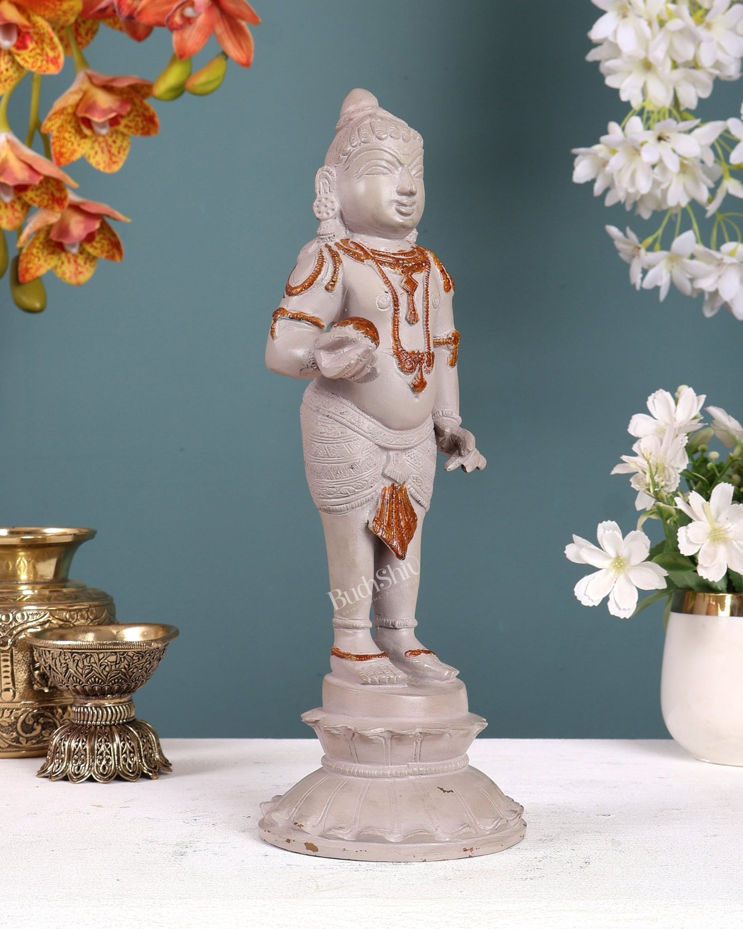 Enchanting Brass Superfine Standing Laddu Gopala Statue - 12 inch with vintage white tone - Budhshiv.com