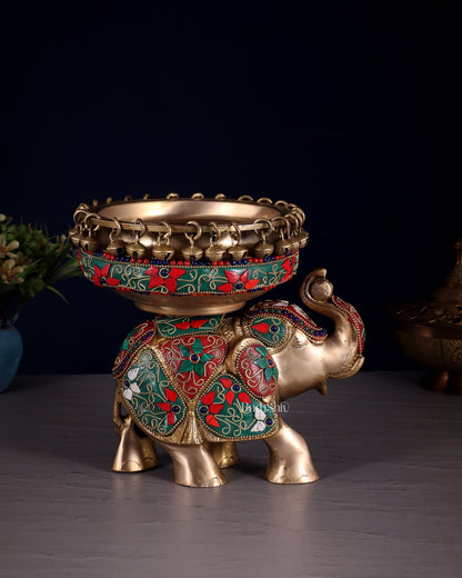 Engraved Elephant brass urli floral stonework 7" - Budhshiv.com