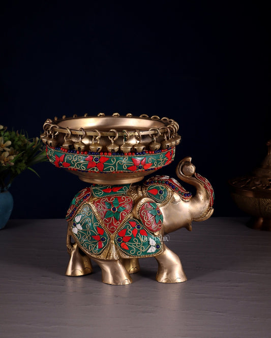 Engraved Elephant brass urli floral stonework 7" - Budhshiv.com