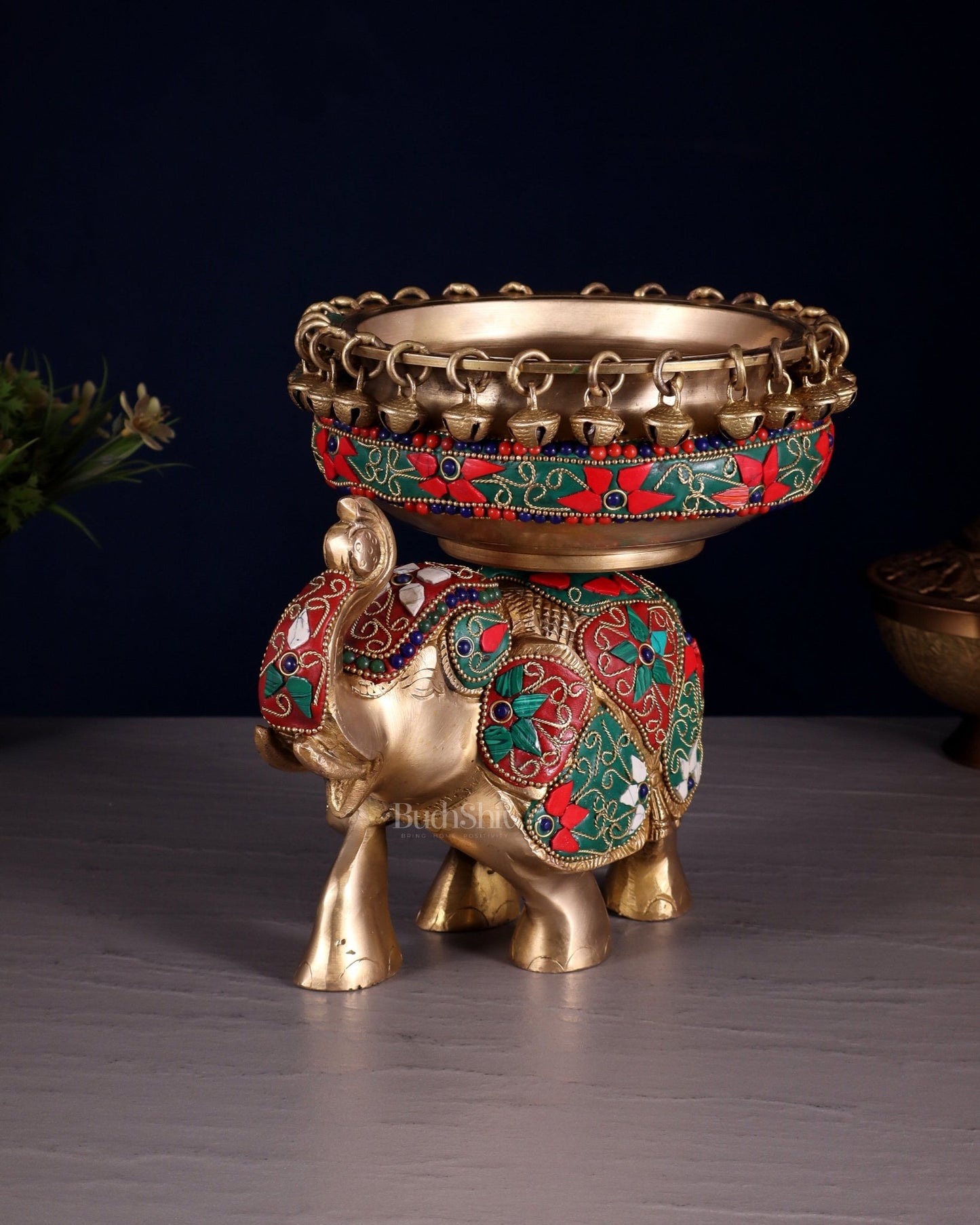 Engraved Elephant brass urli floral stonework 7" - Budhshiv.com