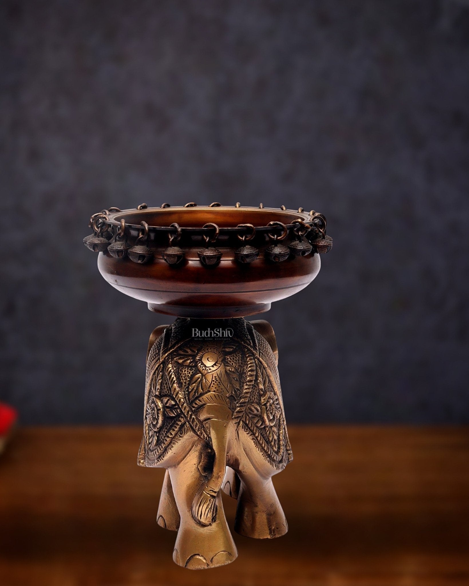 Engraved Elephant brass urli with ghungroo Duel tone - Budhshiv.com