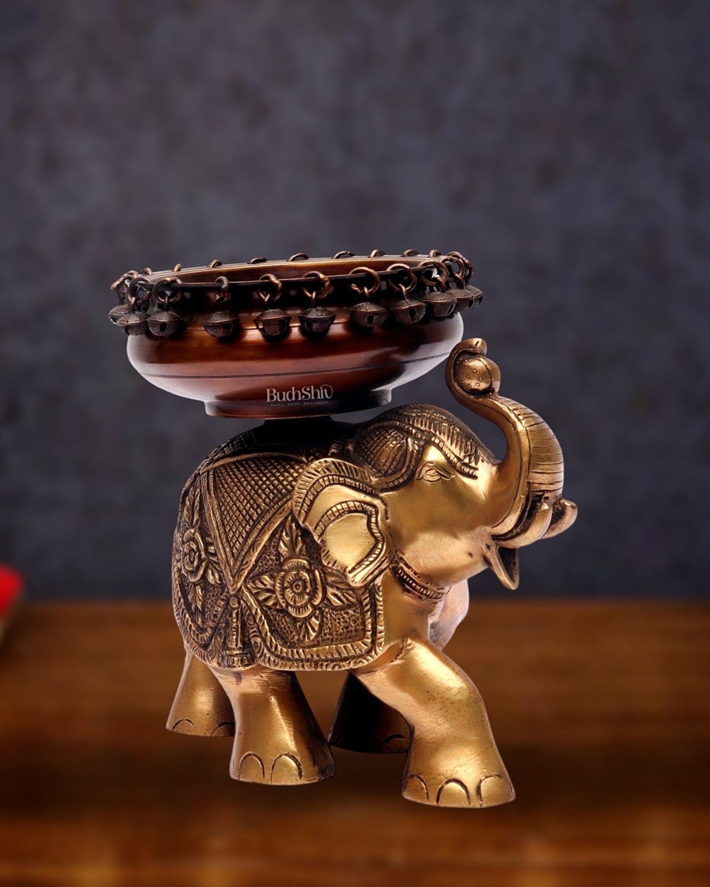 Engraved Elephant brass urli with ghungroo Duel tone - Budhshiv.com