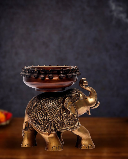 Engraved Elephant brass urli with ghungroo Duel tone - Budhshiv.com