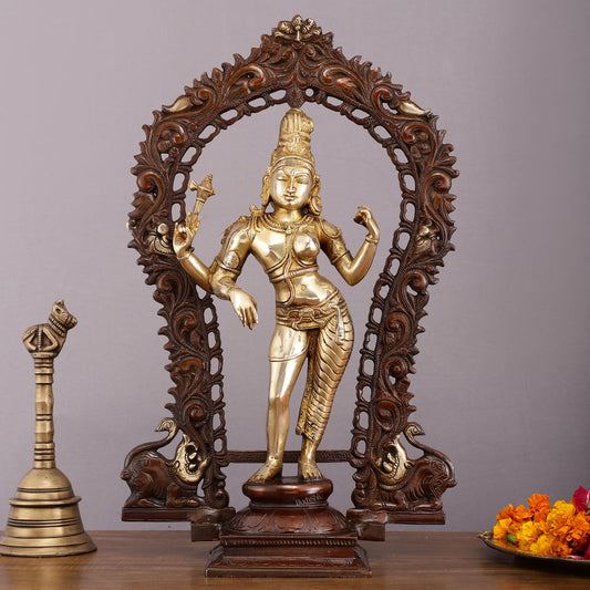 Exquisite 18" Brass Ardhanarishwara Statue with Prabhavali - Unique Brown Gold Finish - Budhshiv.com