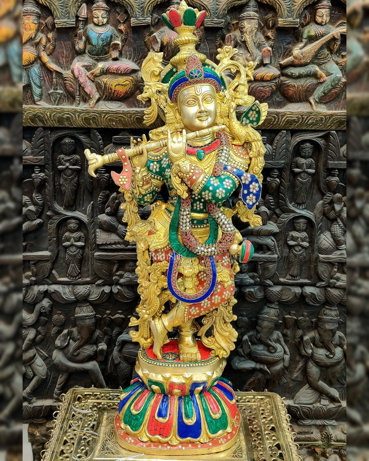 Exquisite 36" Brass Superfine Krishna Statue - Budhshiv.com