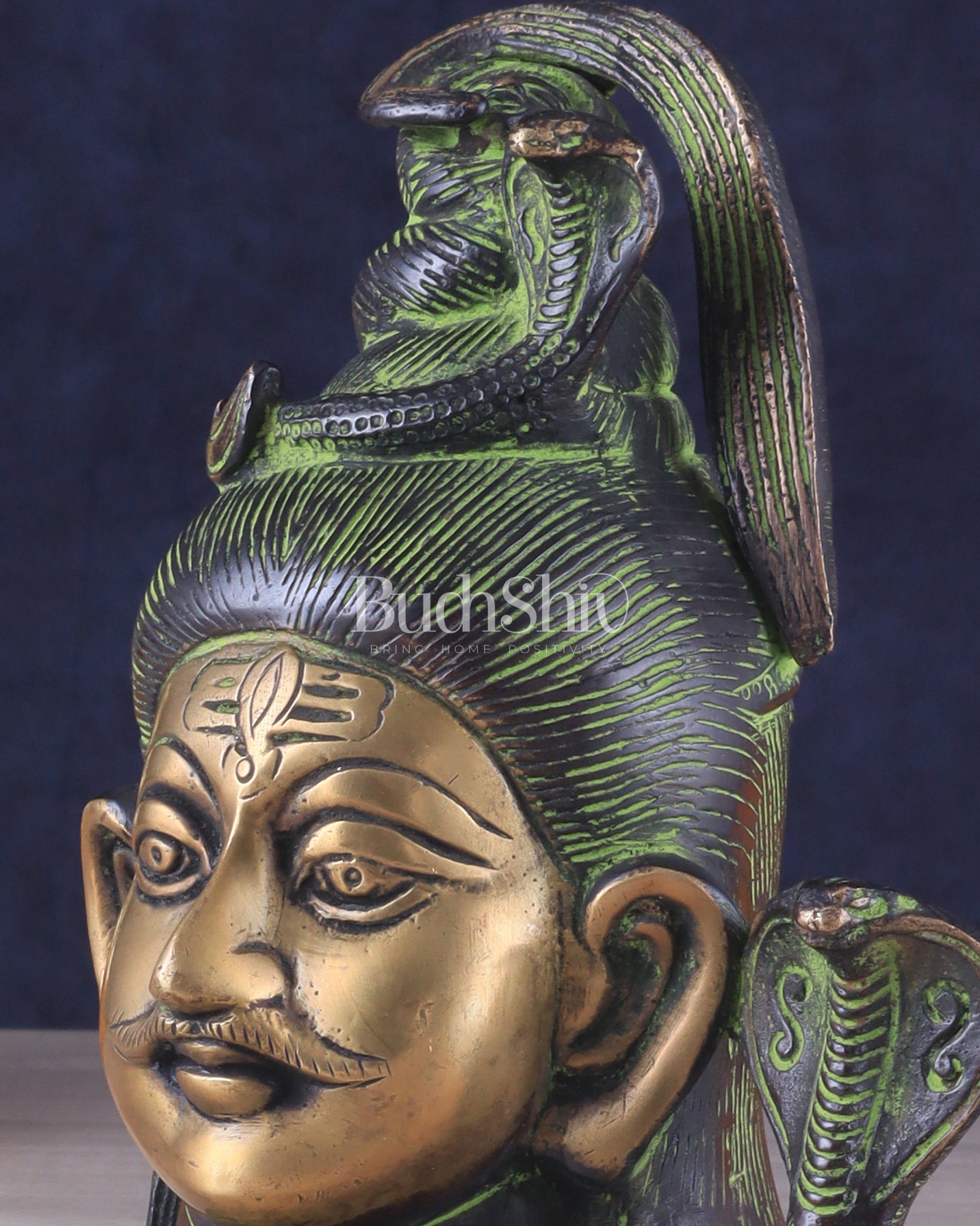 Exquisite 7 - Inch Brass Lord Shiva mahakaal mukhalingam Bust Face Statue black and green tone - Budhshiv.com