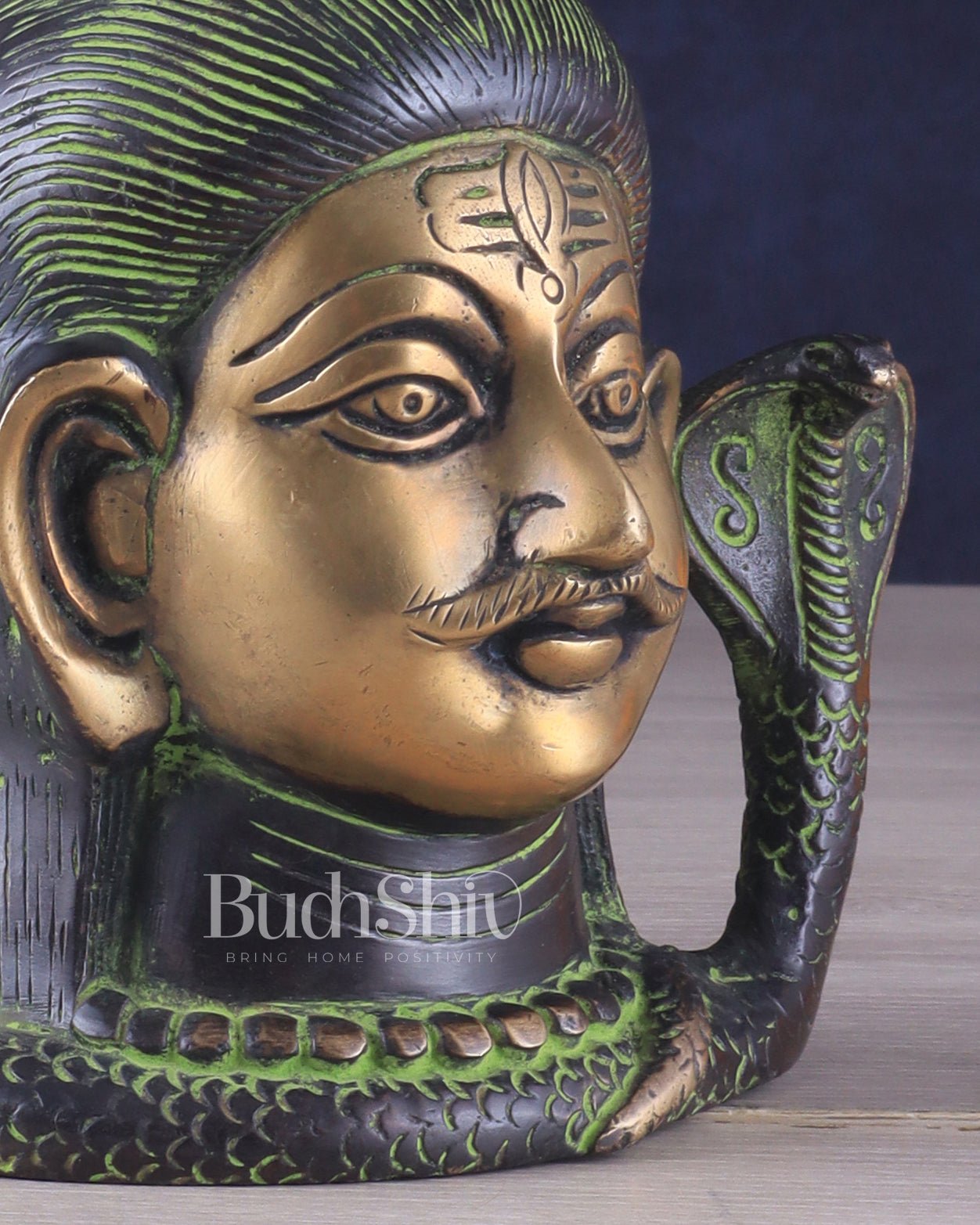 Exquisite 7 - Inch Brass Lord Shiva mahakaal mukhalingam Bust Face Statue black and green tone - Budhshiv.com