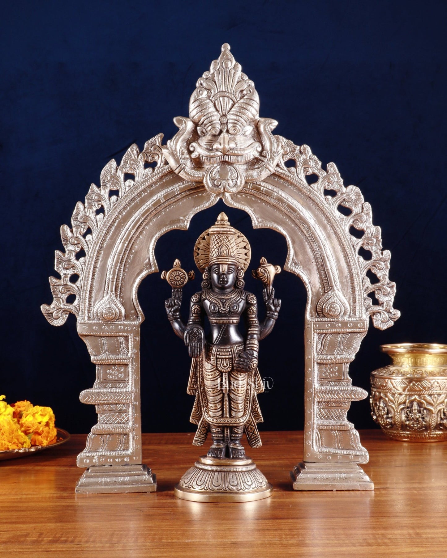 Exquisite Brass Black Tirupati Balaji Idol with Prabhavali arch Set 17" - Budhshiv.com