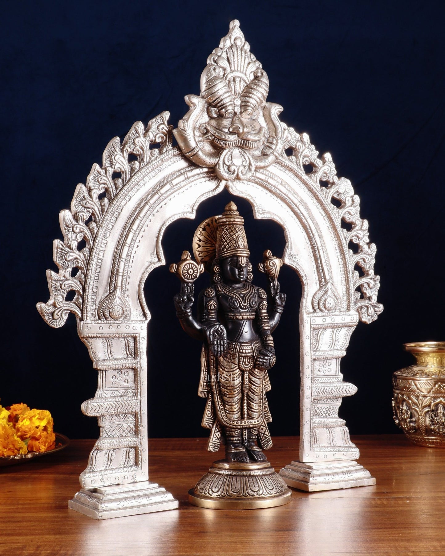 Exquisite Brass Black Tirupati Balaji Idol with Prabhavali arch Set 17" - Budhshiv.com