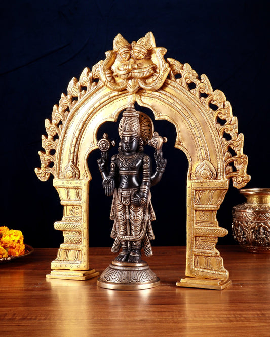 Exquisite Brass Black Tirupati Balaji Idol with Prabhavali arch Set 17" - Budhshiv.com