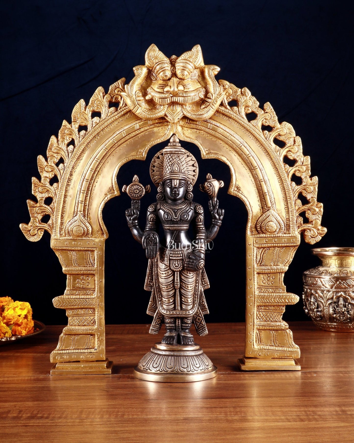 Exquisite Brass Black Tirupati Balaji Idol with Prabhavali arch Set 17" - Budhshiv.com