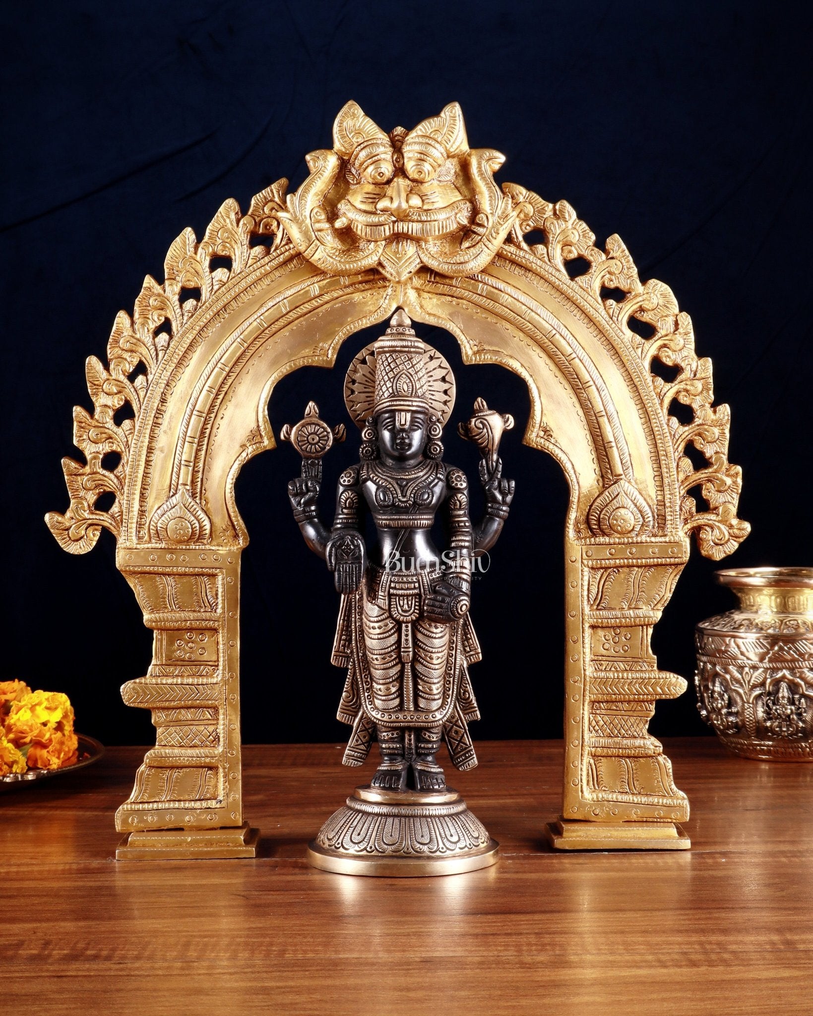 Exquisite Brass Black Tirupati Balaji Idol with Prabhavali arch Set 17" - Budhshiv.com