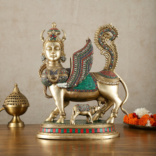 Exquisite Brass Bright Kamdhenu Cow with calf Statue | 16.5" matte finish - Budhshiv.com