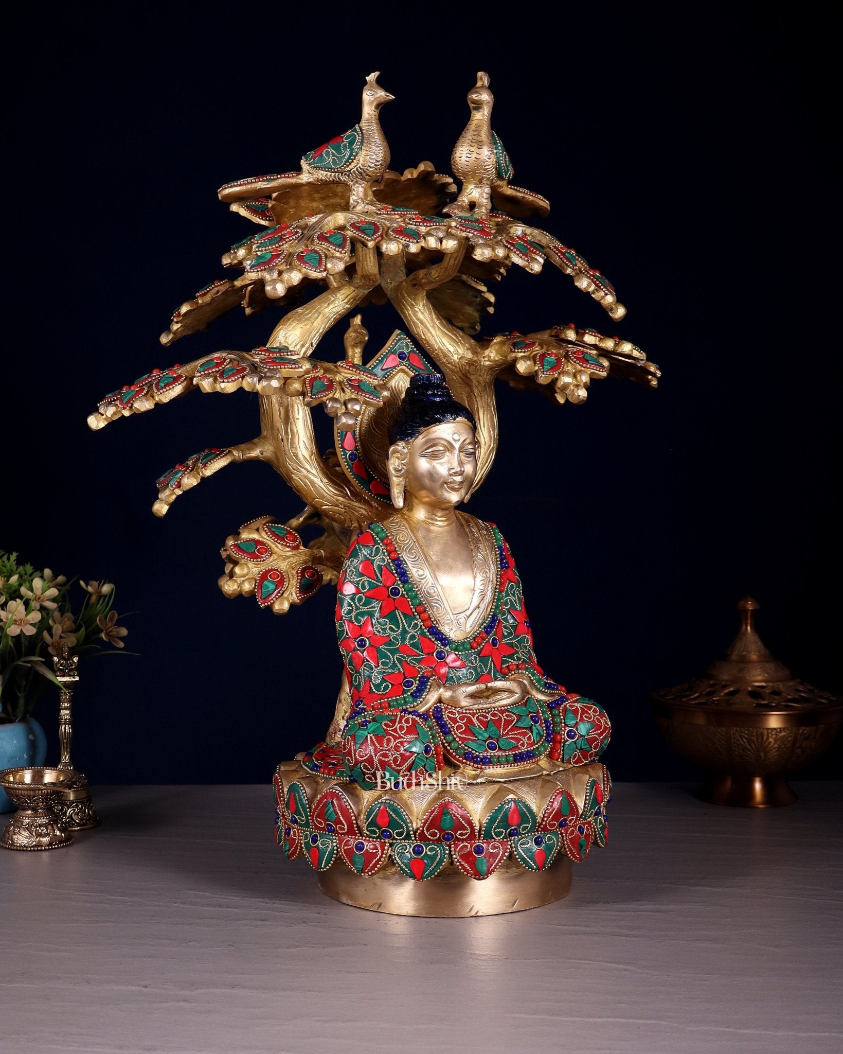 Exquisite Brass Buddha Under Tree Statue - 16.5" Floral stonework - Budhshiv.com