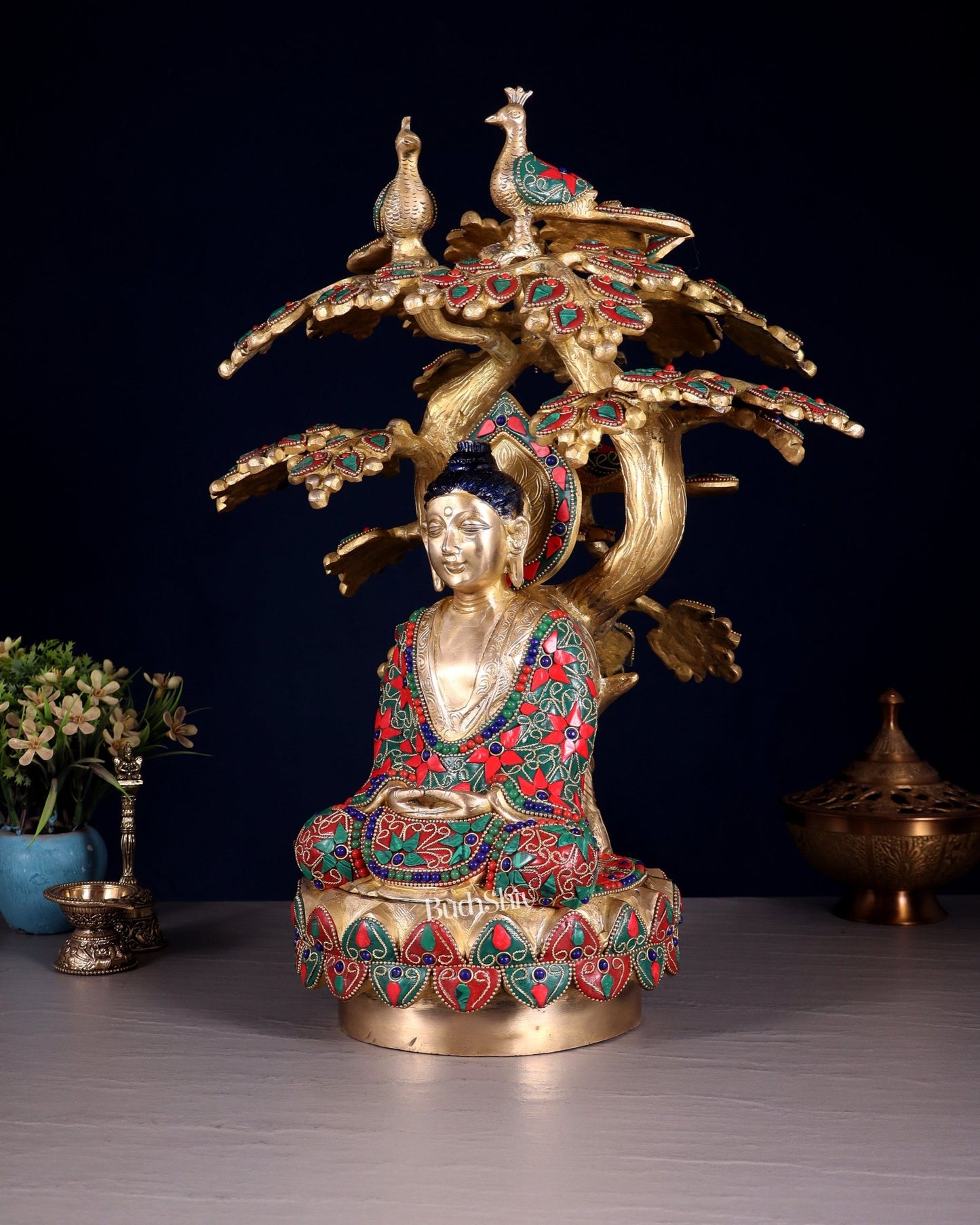 Exquisite Brass Buddha Under Tree Statue - 16.5" Floral stonework - Budhshiv.com