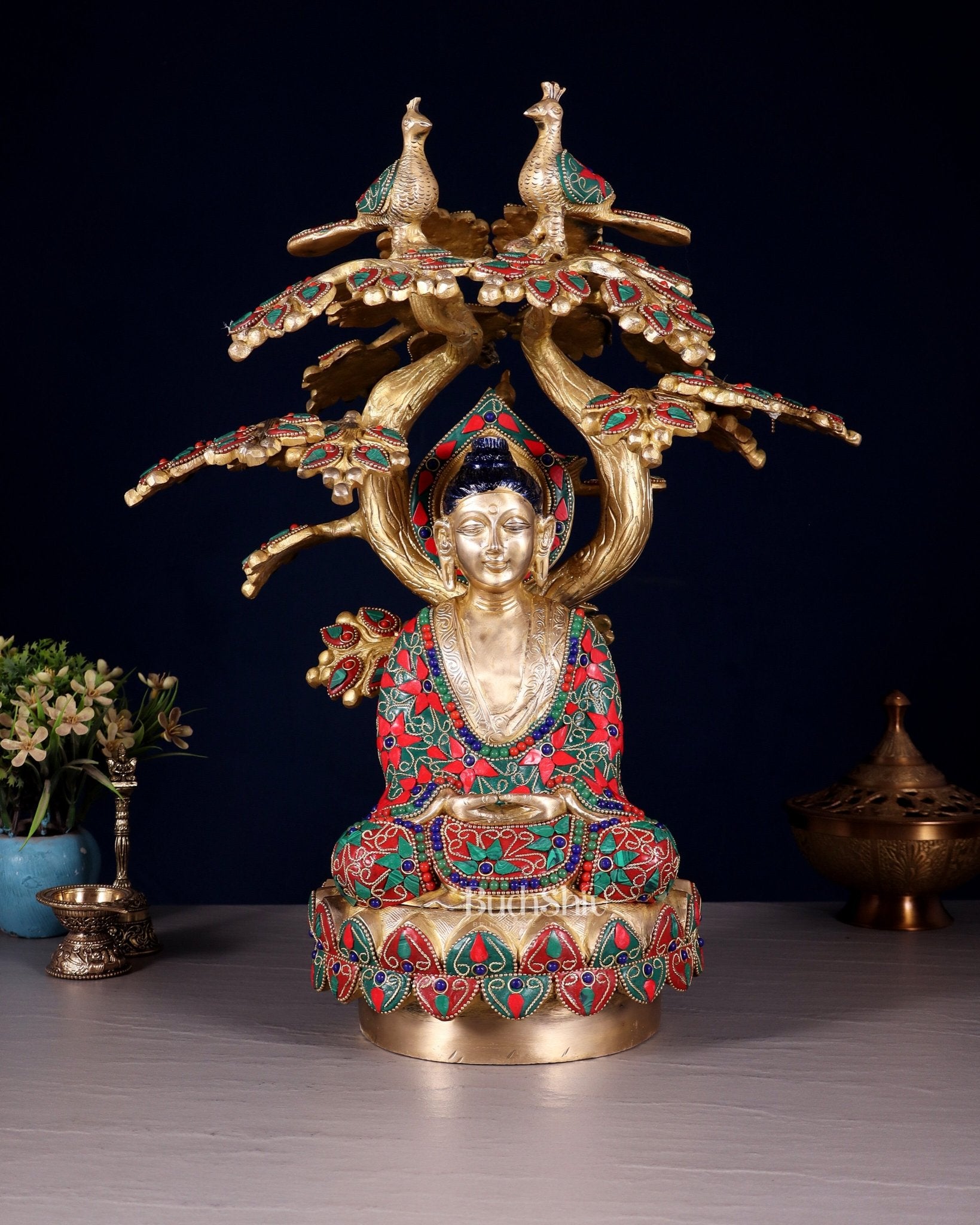 Exquisite Brass Buddha Under Tree Statue - 16.5" Floral stonework - Budhshiv.com