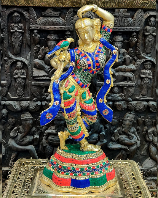 Exquisite Brass Dancing Lady with Parrot Applying Sindoor - 24 Inch Meenakari Artwork - Budhshiv.com