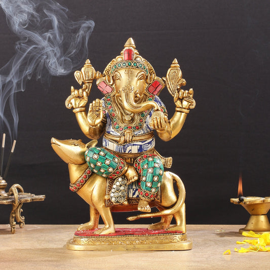 Exquisite Brass Ganesha on Mouse Idol with Meenakari | 10" - Budhshiv.com