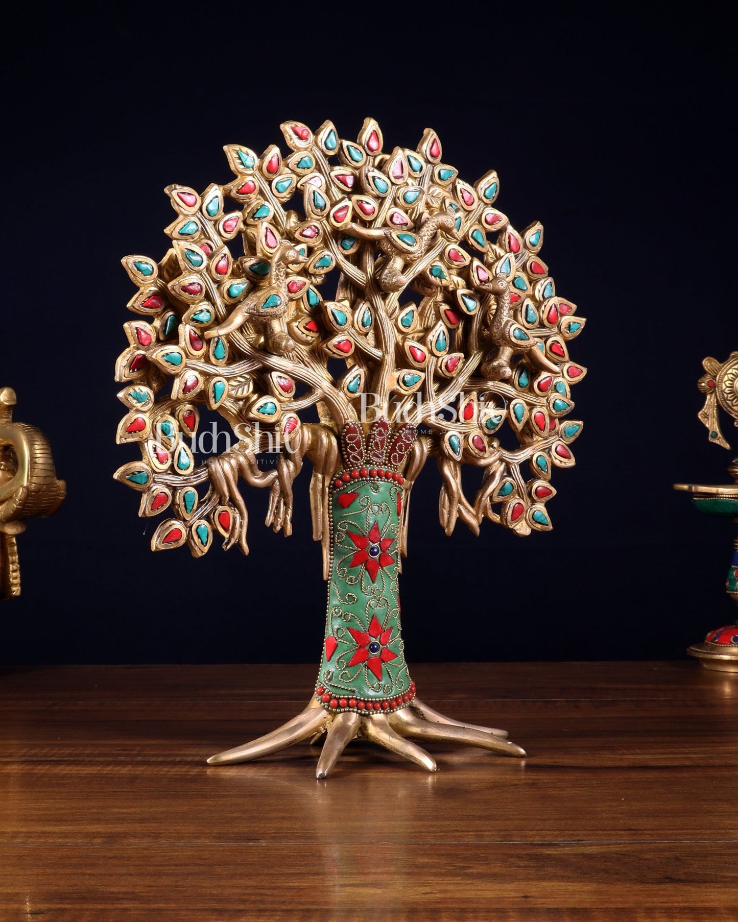 Exquisite Brass Kalpavriksha Tree of Life Showpiece - Table Standing | Height 12" with stonework - Budhshiv.com