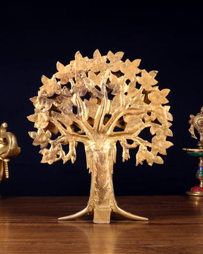Exquisite Brass Kalpavriksha Tree of Life Showpiece - Table Standing | Height 12" with stonework - Budhshiv.com