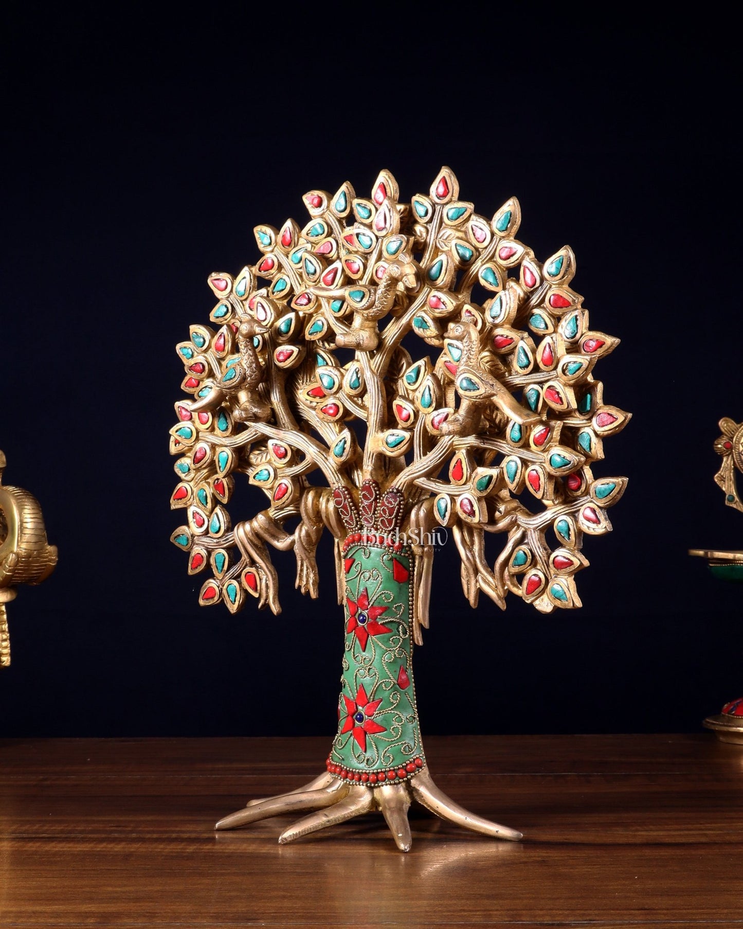 Exquisite Brass Kalpavriksha Tree of Life Showpiece - Table Standing | Height 12" with stonework - Budhshiv.com