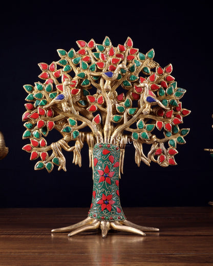Exquisite Brass Kalpavriksha Tree of Life Showpiece - Table Standing | Height 12" with stonework - Budhshiv.com
