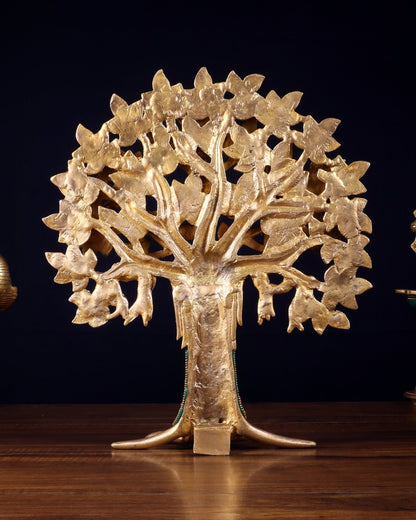 Exquisite Brass Kalpavriksha Tree of Life Showpiece - Table Standing | Height 12" with stonework - Budhshiv.com