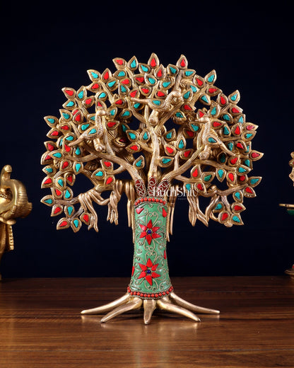 Exquisite Brass Kalpavriksha Tree of Life Showpiece - Table Standing | Height 12" with stonework - Budhshiv.com