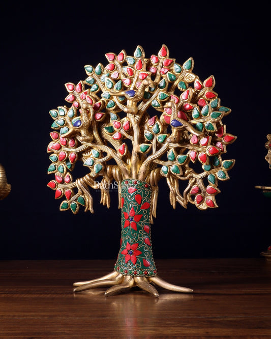 Exquisite Brass Kalpavriksha Tree of Life Showpiece - Table Standing | Height 12" with stonework - Budhshiv.com