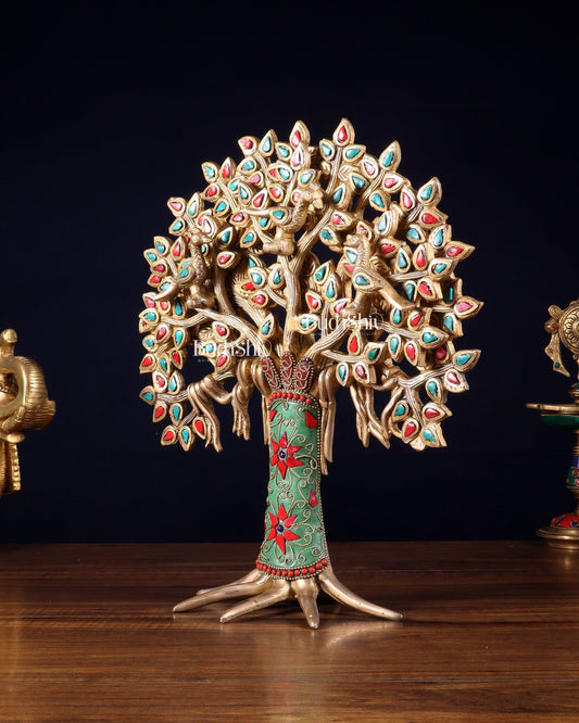 Exquisite Brass Kalpavriksha Tree of Life Showpiece - Table Standing | Height 12" with stonework - Budhshiv.com