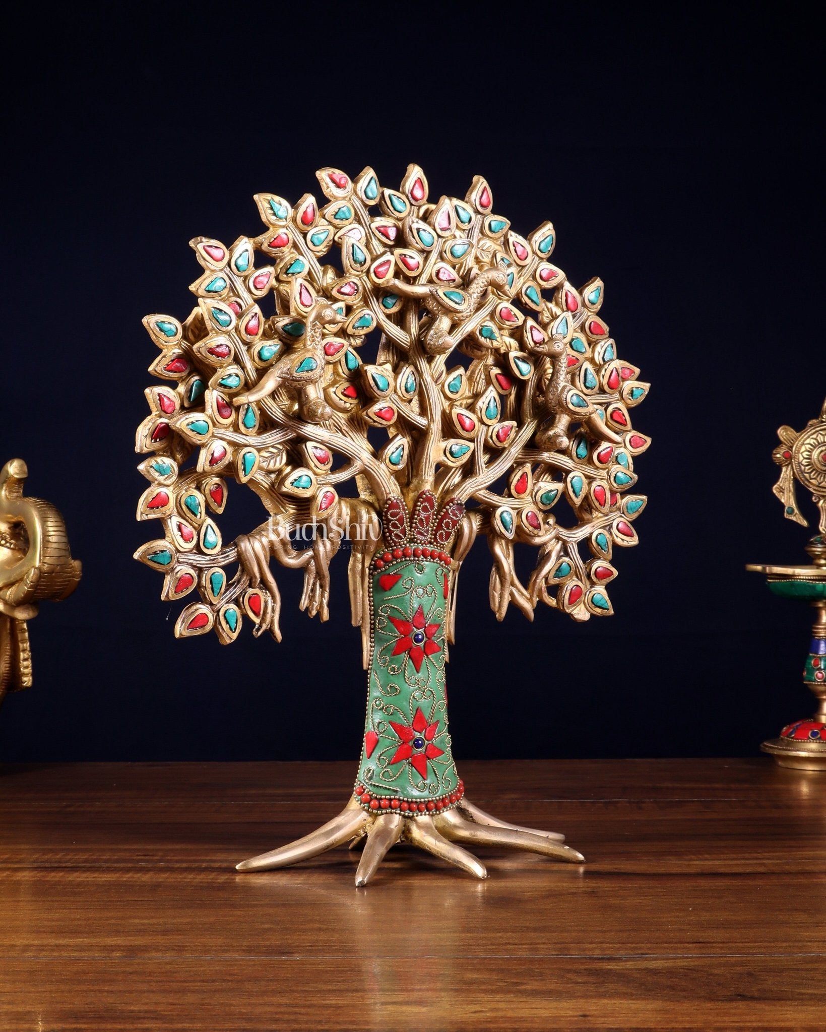 Exquisite Brass Kalpavriksha Tree of Life Showpiece - Table Standing | Height 12" with stonework - Budhshiv.com